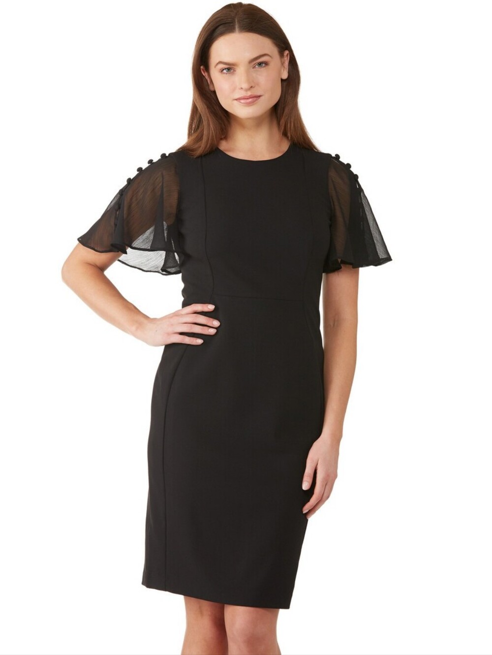 Calvin Klien Elegant Black Midi Dress with Flutter Sleeves